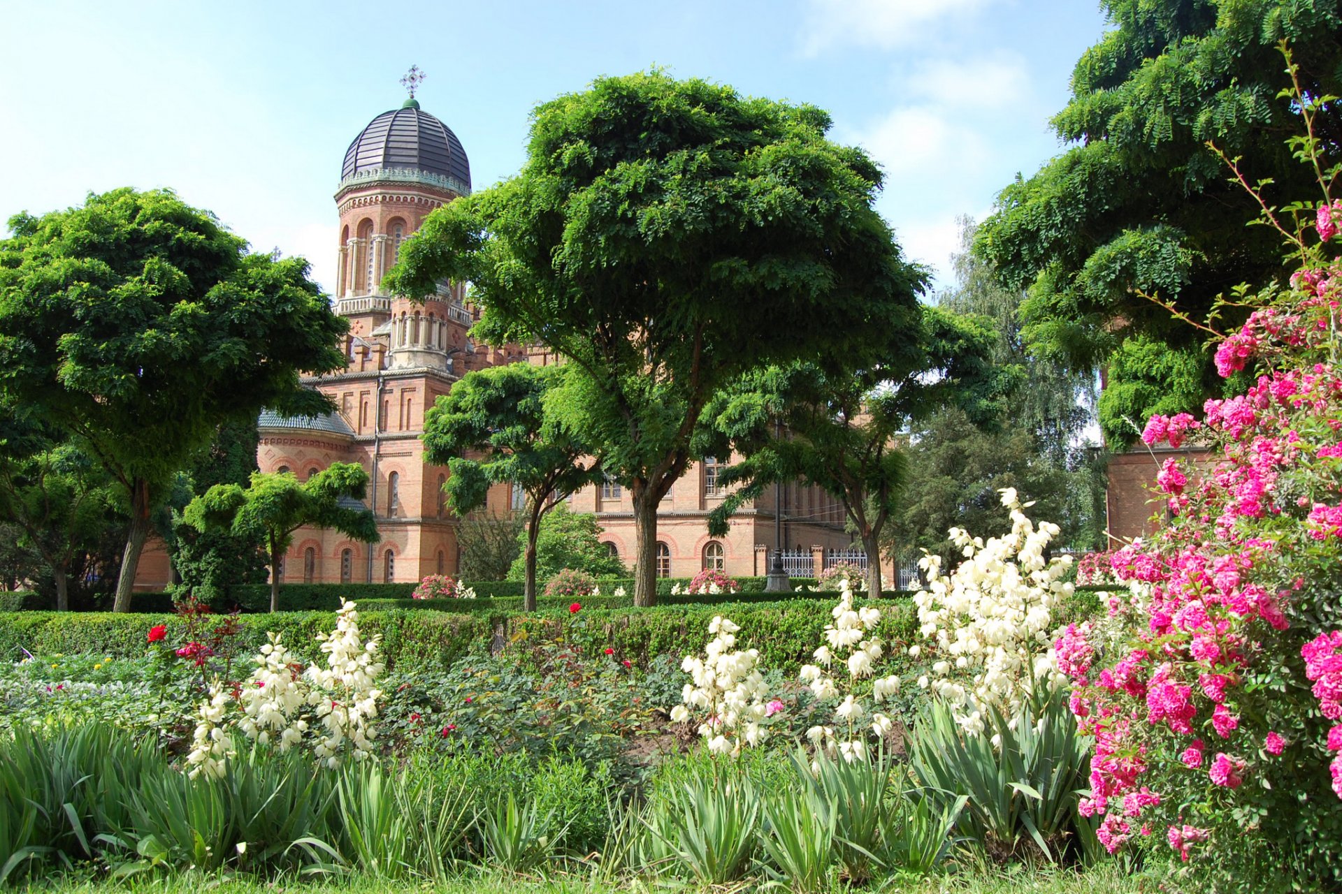 ucraina chernivtsi tempio cattedrale giardino alberi erba cespugli fiori