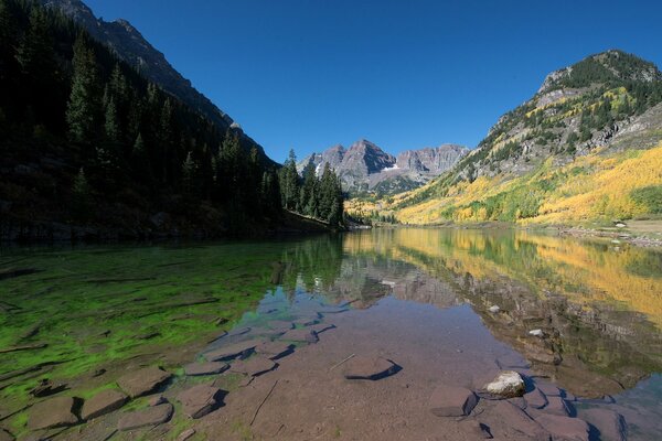 Landscape with a transparent lake and mountains on the horizon