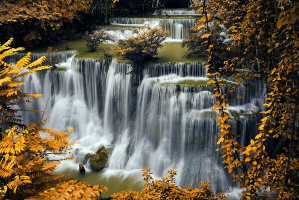 Gran cascada en el bosque de otoño