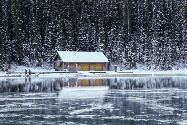 Forest house on the river bank