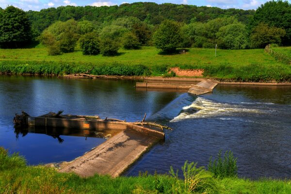 A dam on Irek in England with driftwood on a slope of trees and grass