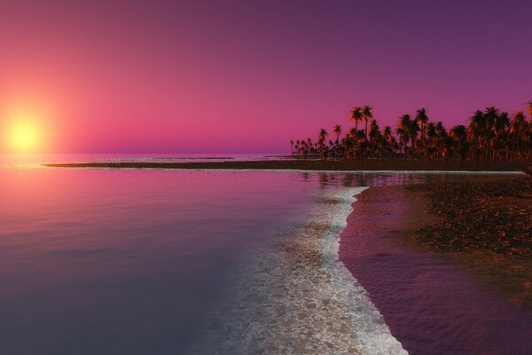 Tramonto rosa in riva al mare con palme