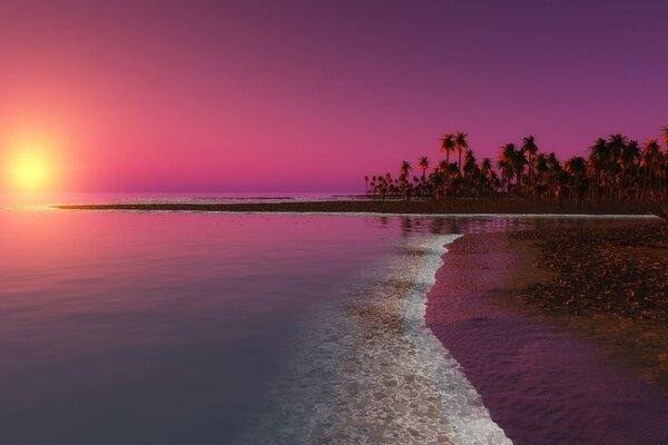 Różowy zachód słońca nad morzem z palmami