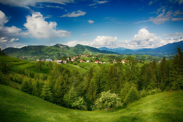 Eine wunderschöne Landschaft mit majestätischen Bergen, verschiedenen Häusern und grünen Bäumen