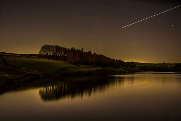 Étoile filante sur fond de ciel nocturne près du lac et de la forêt