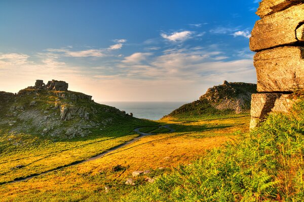 Landschaft mit Felsen, Gras und Meer in der Ferne