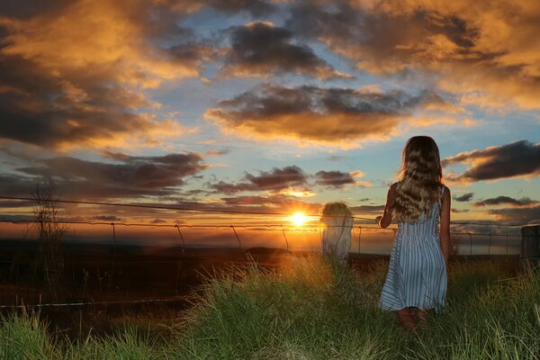 La ragazza alla recinzione guarda il tramonto