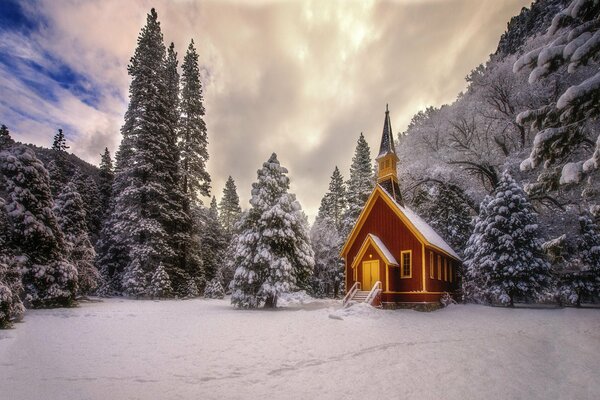 Casa en medio del bosque de invierno