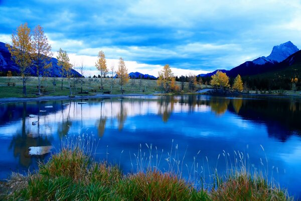Reflexiones de árboles en un lago de montaña