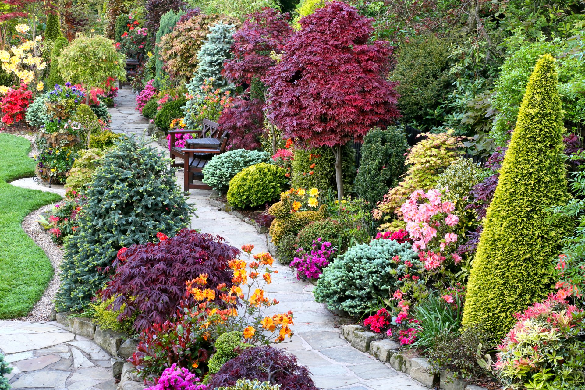 garten gehweg tische bänke bänke rasen büsche blumen design