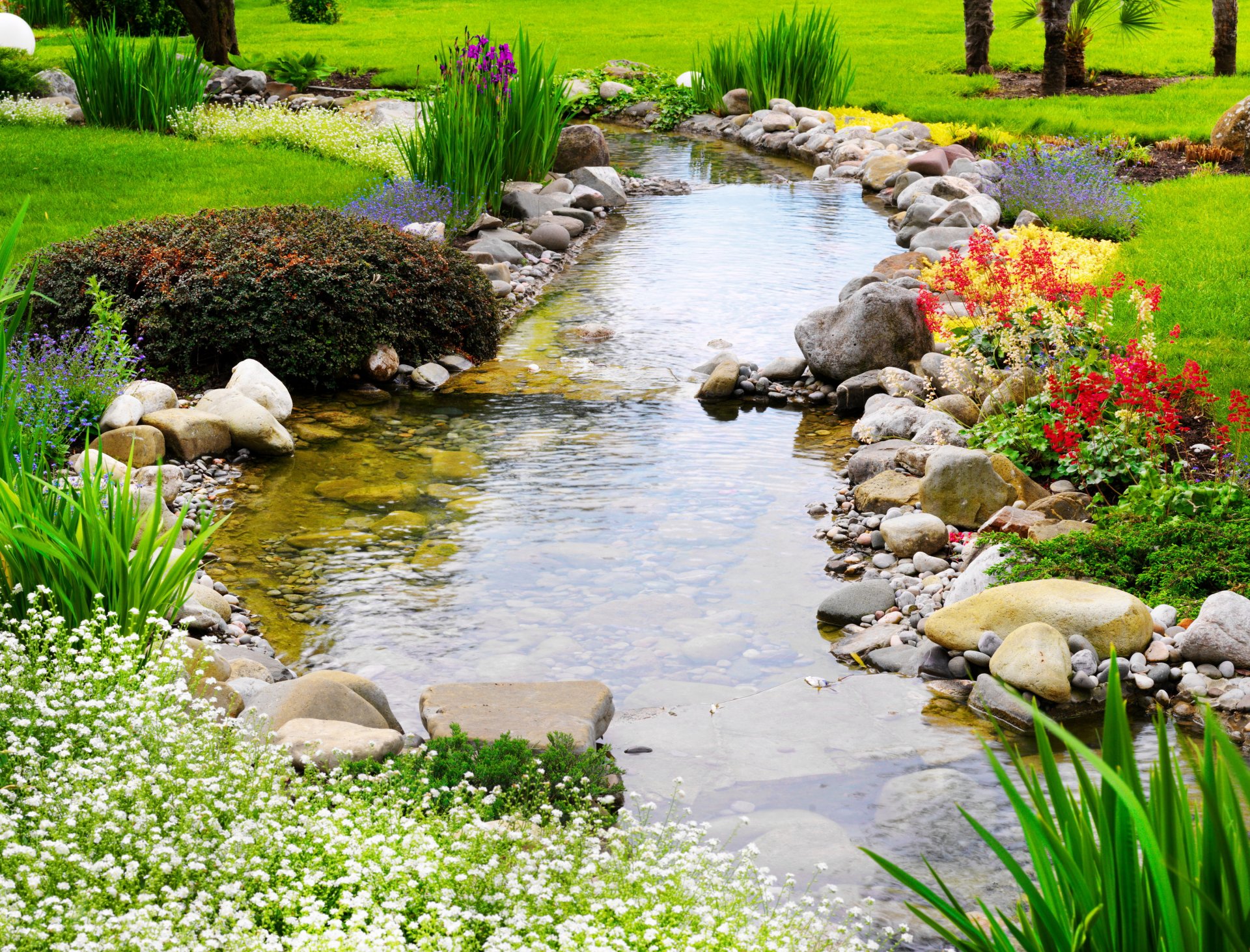 park creek stones flower grass green lawn