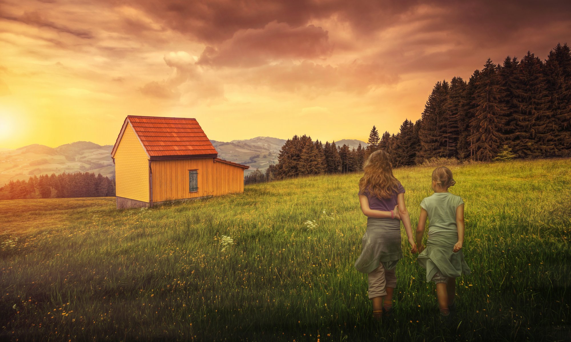 ritorno campo alberi casa colline cielo elaborazione ragazze