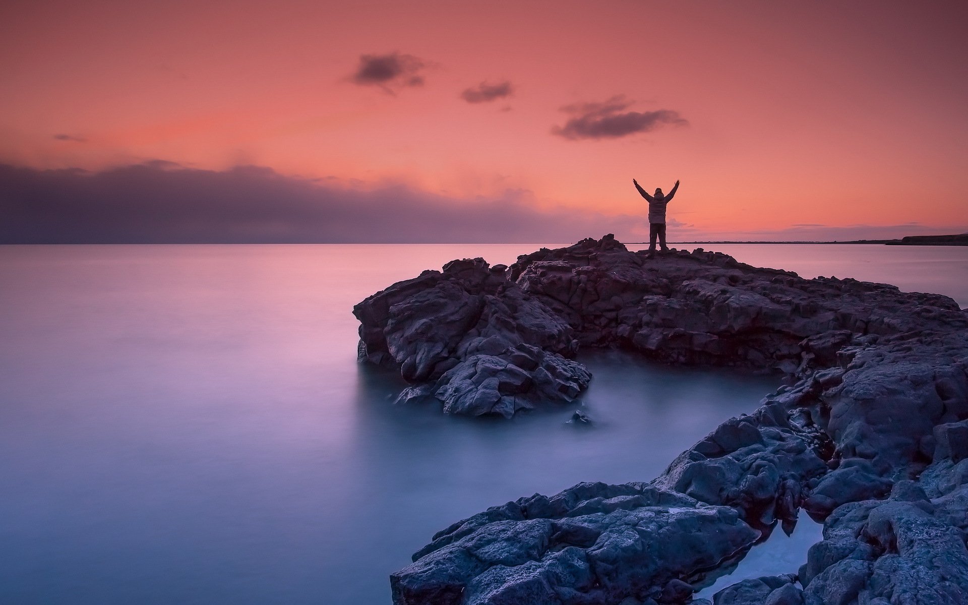 unset sea man landscape