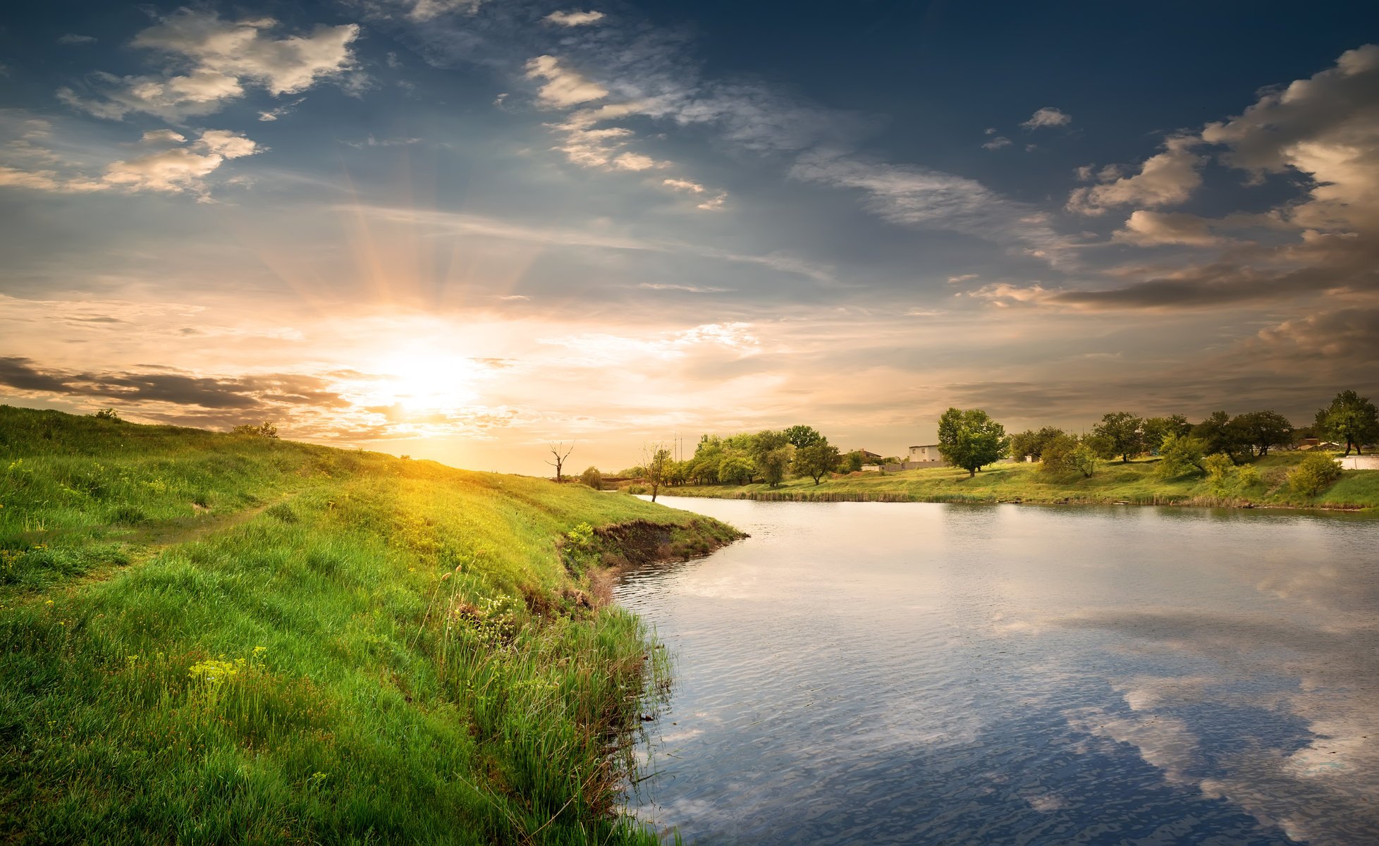 natur landschaft himmel wolken gras see sonnenuntergang