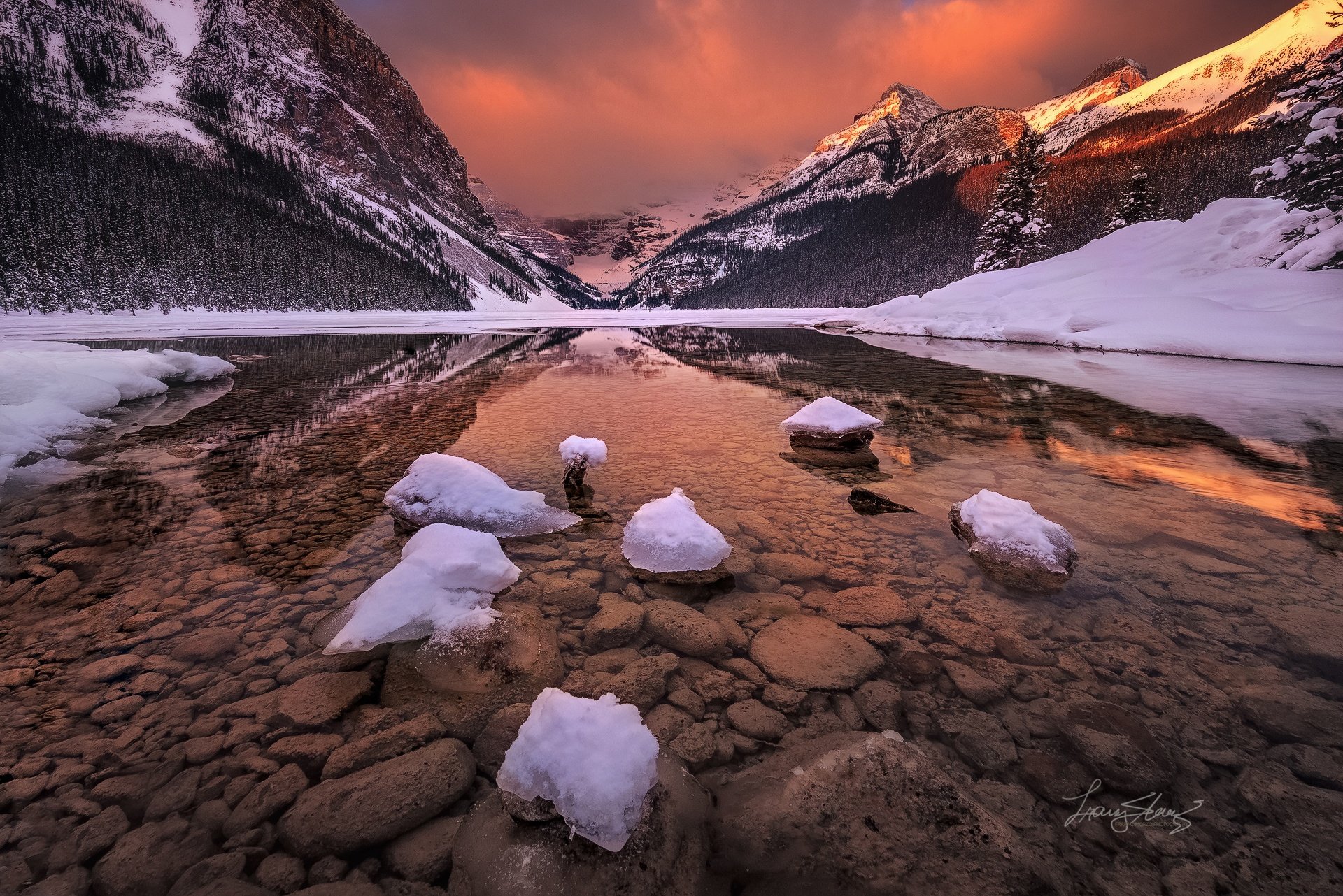 canada albert banff national park rocky mountains glacial lake louise winter january morning light