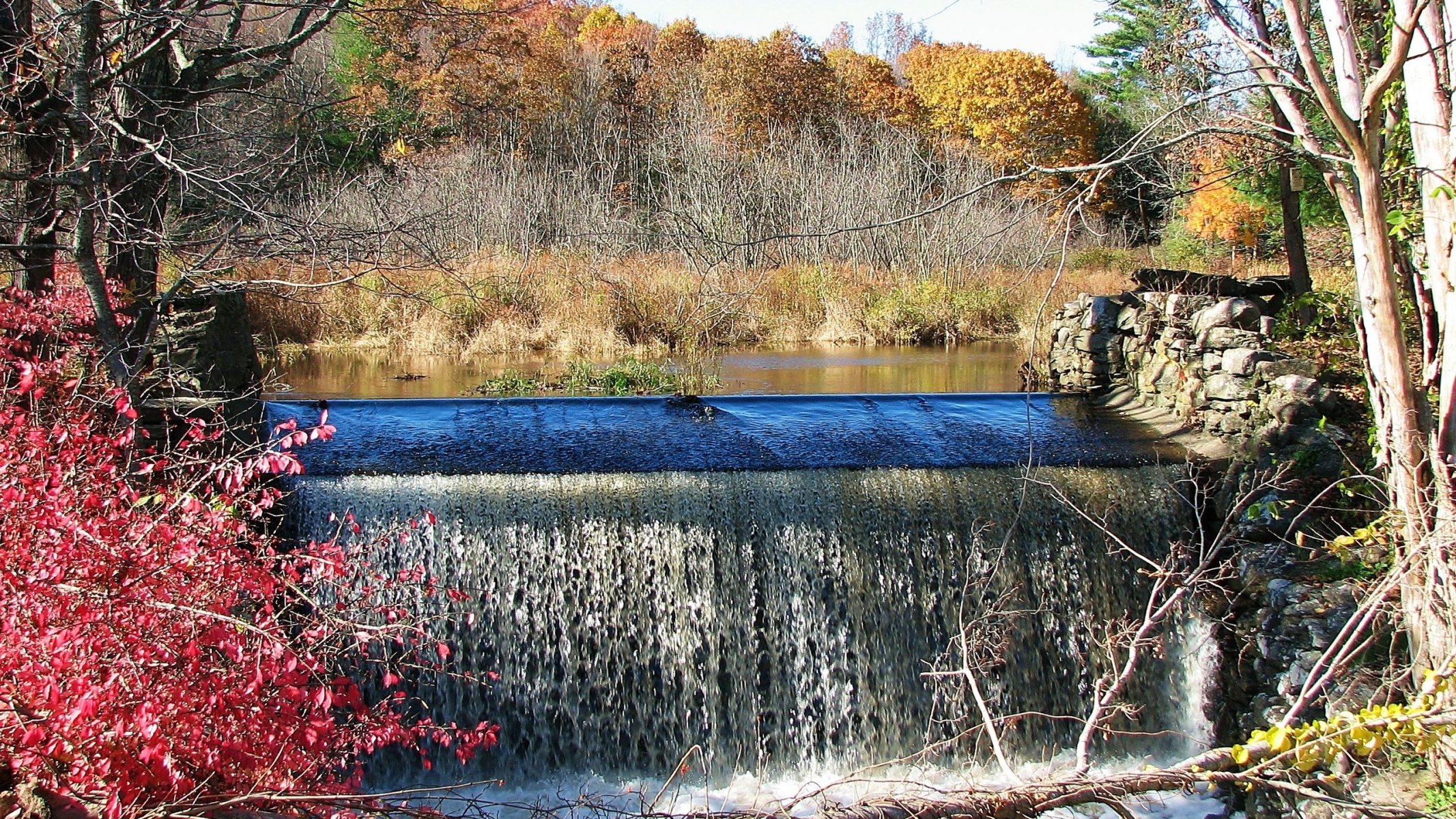 cielo fiume cascata diga autunno foglie alberi scarlatto foresta