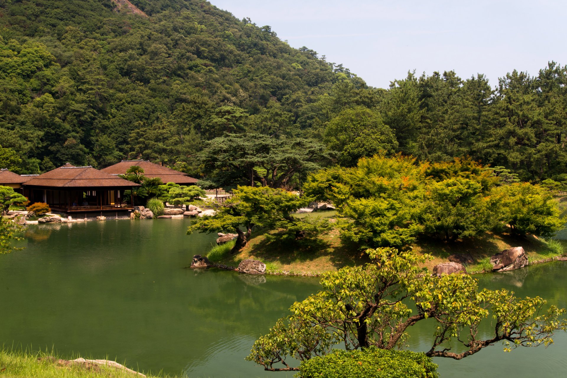 giappone parco takamatsu ritsurin giardino stagno cespugli alberi verde gazebo