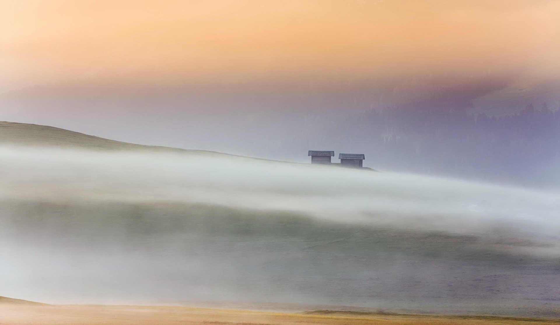 fog houses morning landscape alpe di siussi dolomites italy