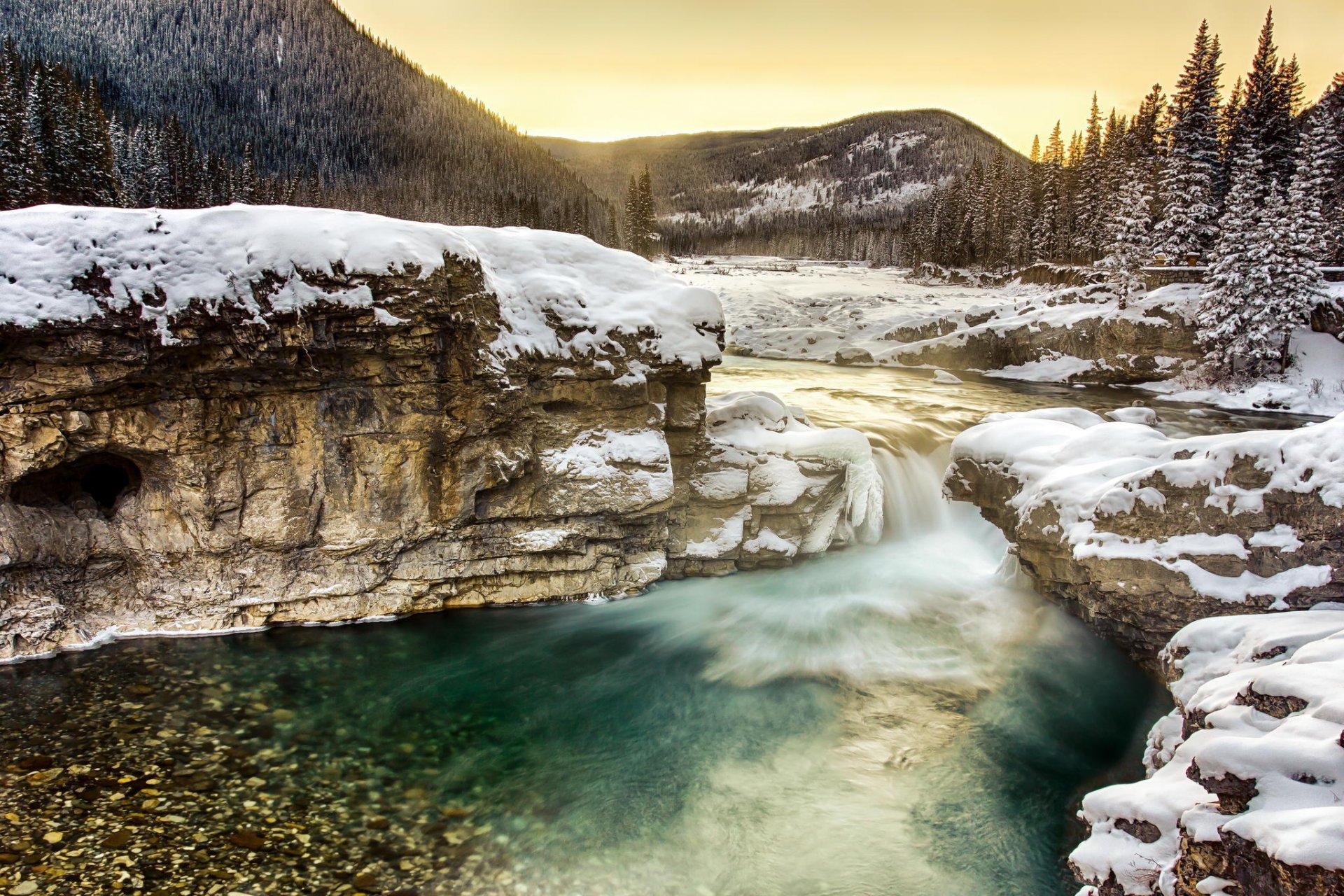 morning mountain forest river winter snow nature