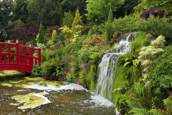 Red bridge to the mountain river