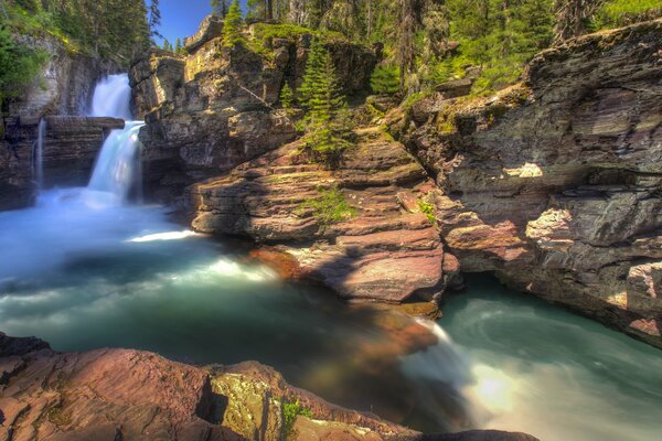 Cascada y bosque de Montana en el parque nacional