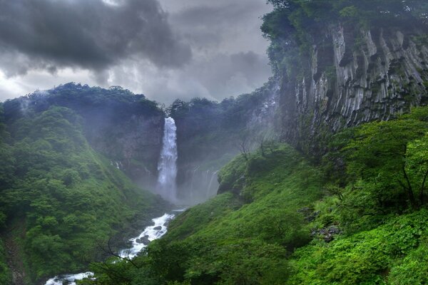 Wasserfall im Dschungel, und um grüne Klippen herum