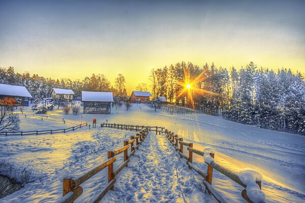 Winter morning. The road to the village