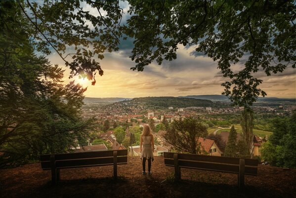 View of the city and sunset in processing