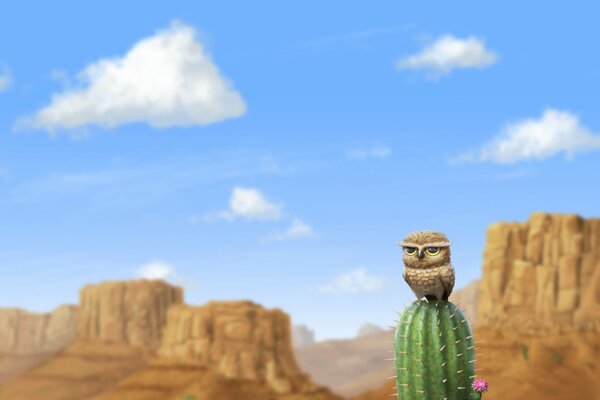 A frowning owl sat down on cactus needles