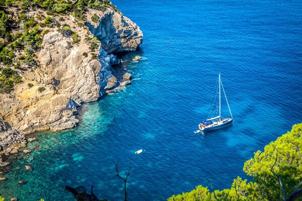 Yacht sur fond de beaux arbustes et des rochers