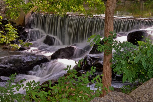 Wasserfall mit Steinen auf Naturhintergrund