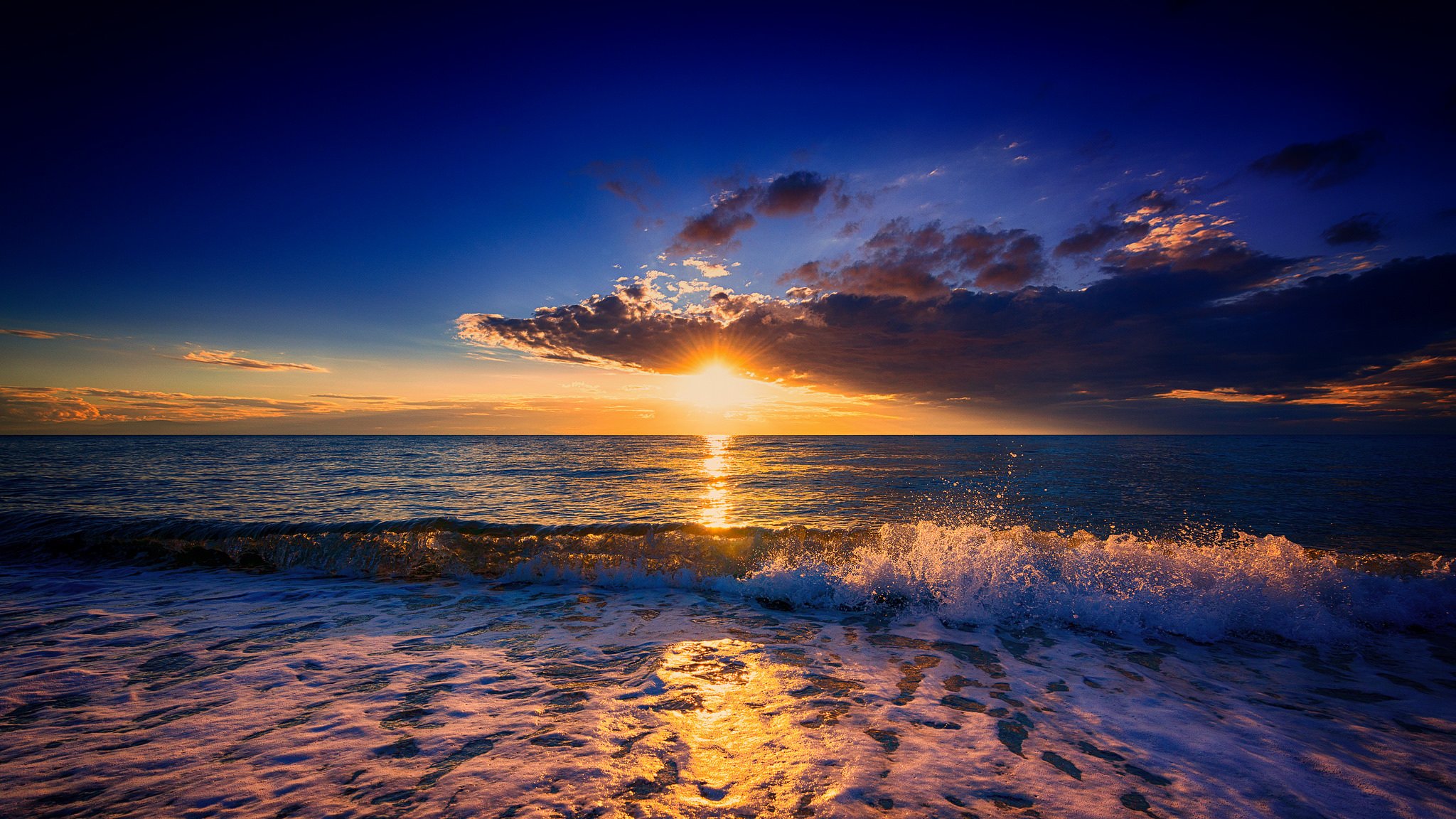 ky clouds sun sunset sea wave waves landscape