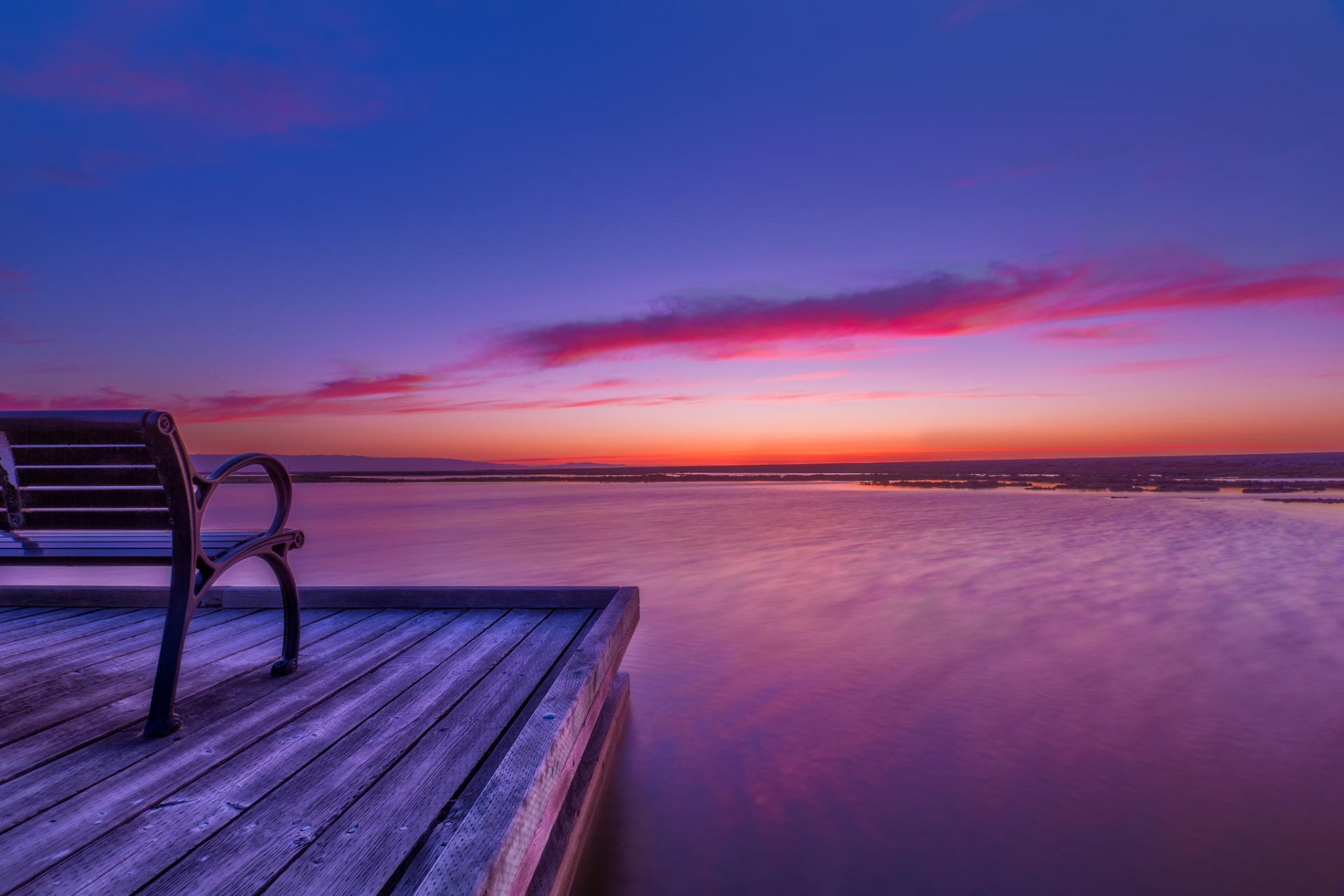 lake nature wharf bench dawn