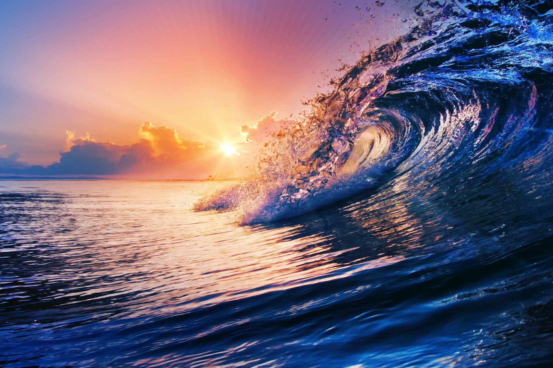 ocean wave blue sea sky splash water sunset