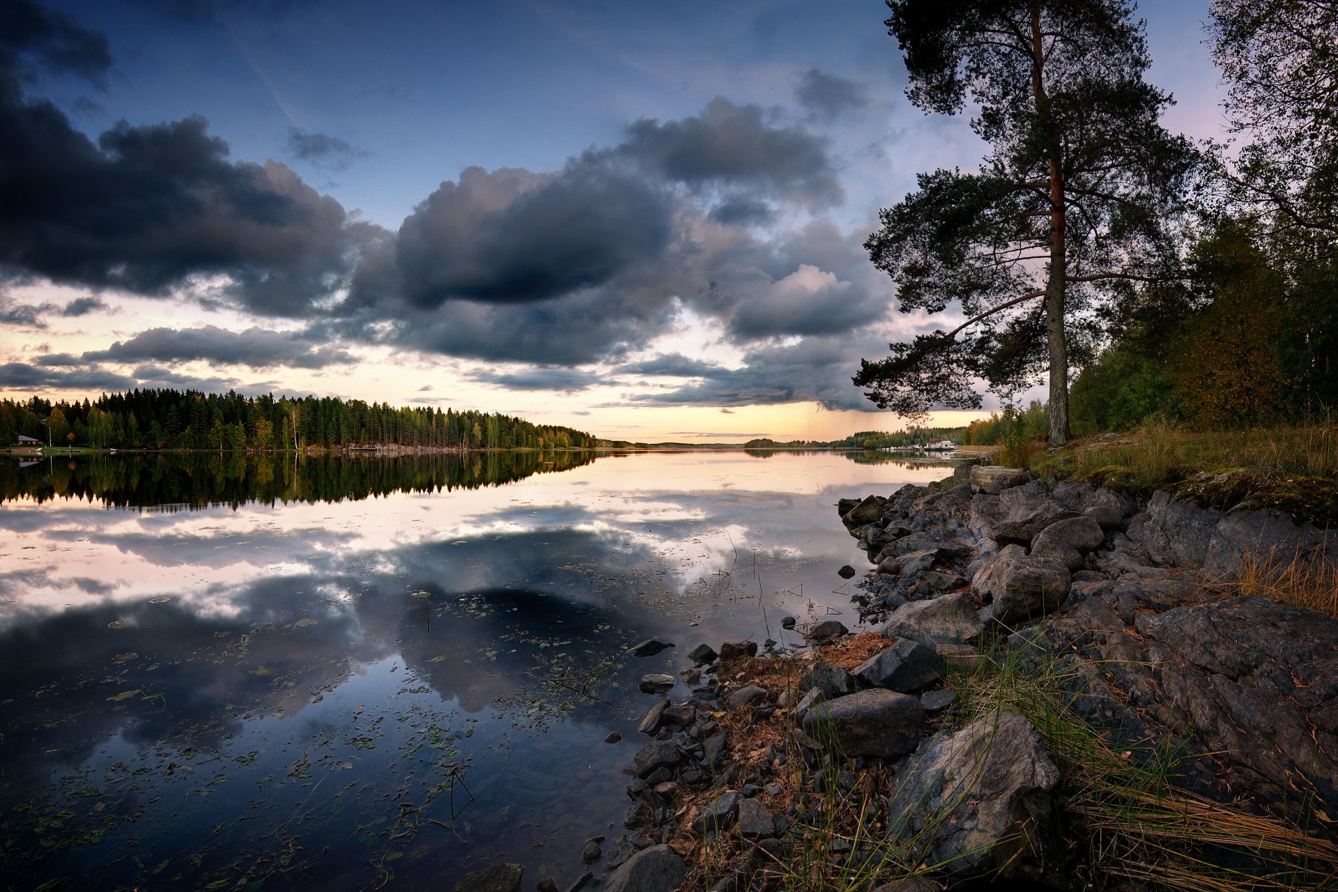 night river forest clouds reflection