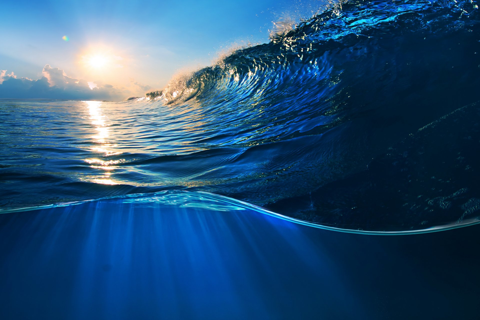 ocean wave blue sea sky splash water sunset