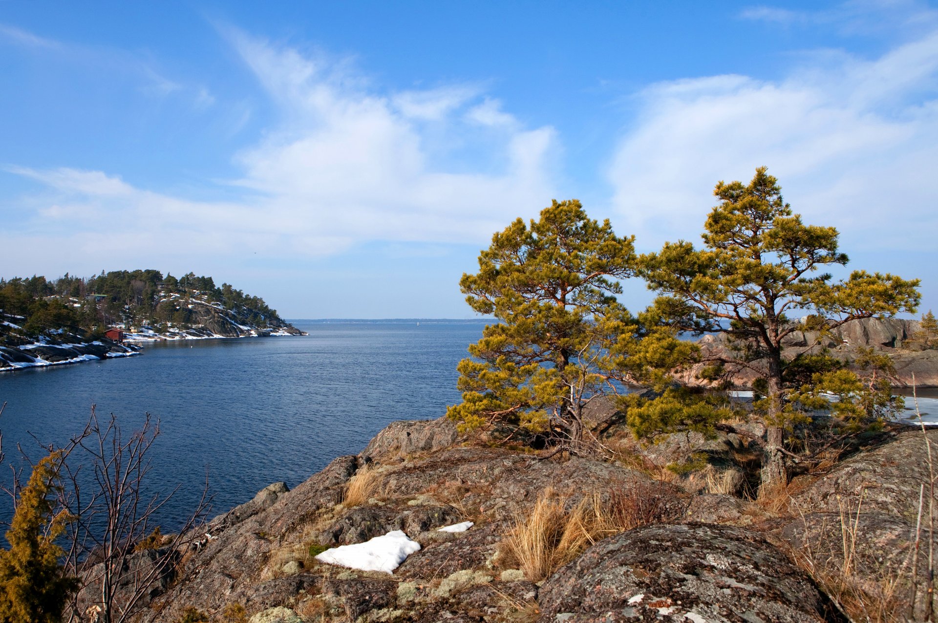 suecia cielo nubes mar roca árboles