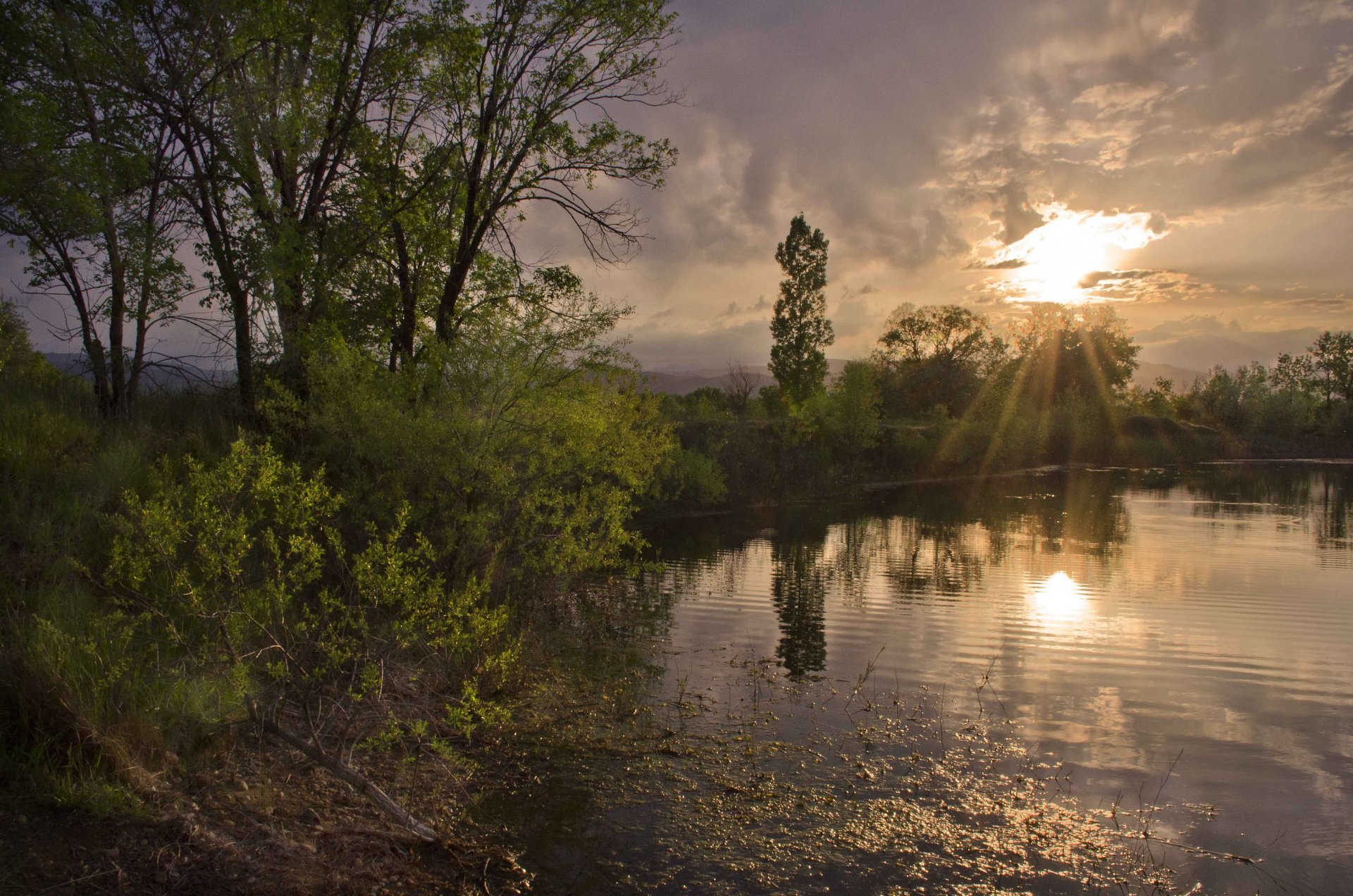 arbres lac nuages soleil rayons soir calme