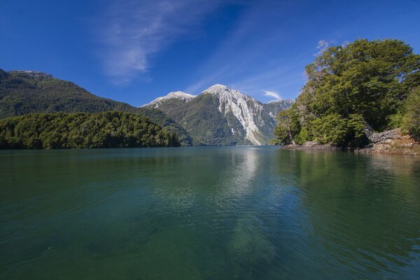 Lake and snow-capped mountains. Landscape