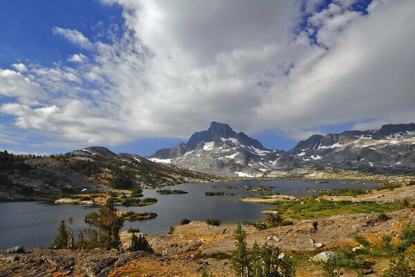 Lake on the background of snow-capped mountains