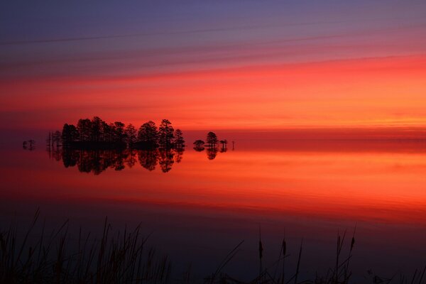 Puesta de sol carmesí en el lago