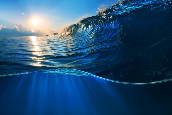 High wave on the background of clear sky and bright sun