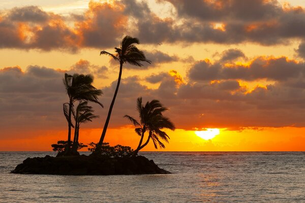 Sunset photo of the sea. A skeleton in the middle of the sea at sunset. A lonely island in the sea