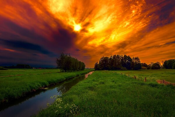 Landscape of the golden glade with a small stream against the background of a heavenly glow