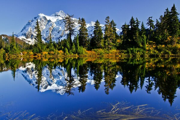 Reflet du ciel et des montagnes dans le lac