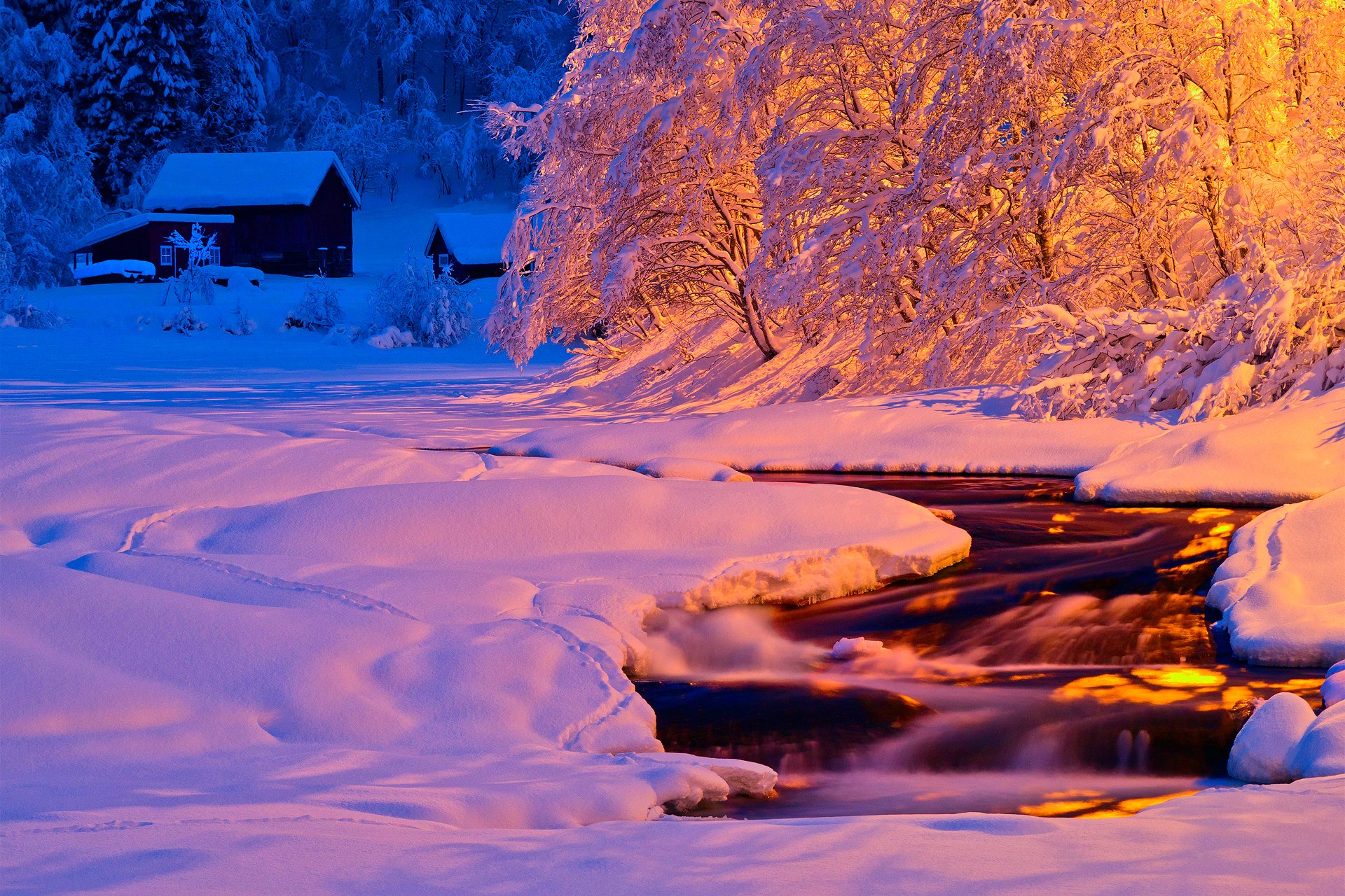 nature winter evening night light river stream snow