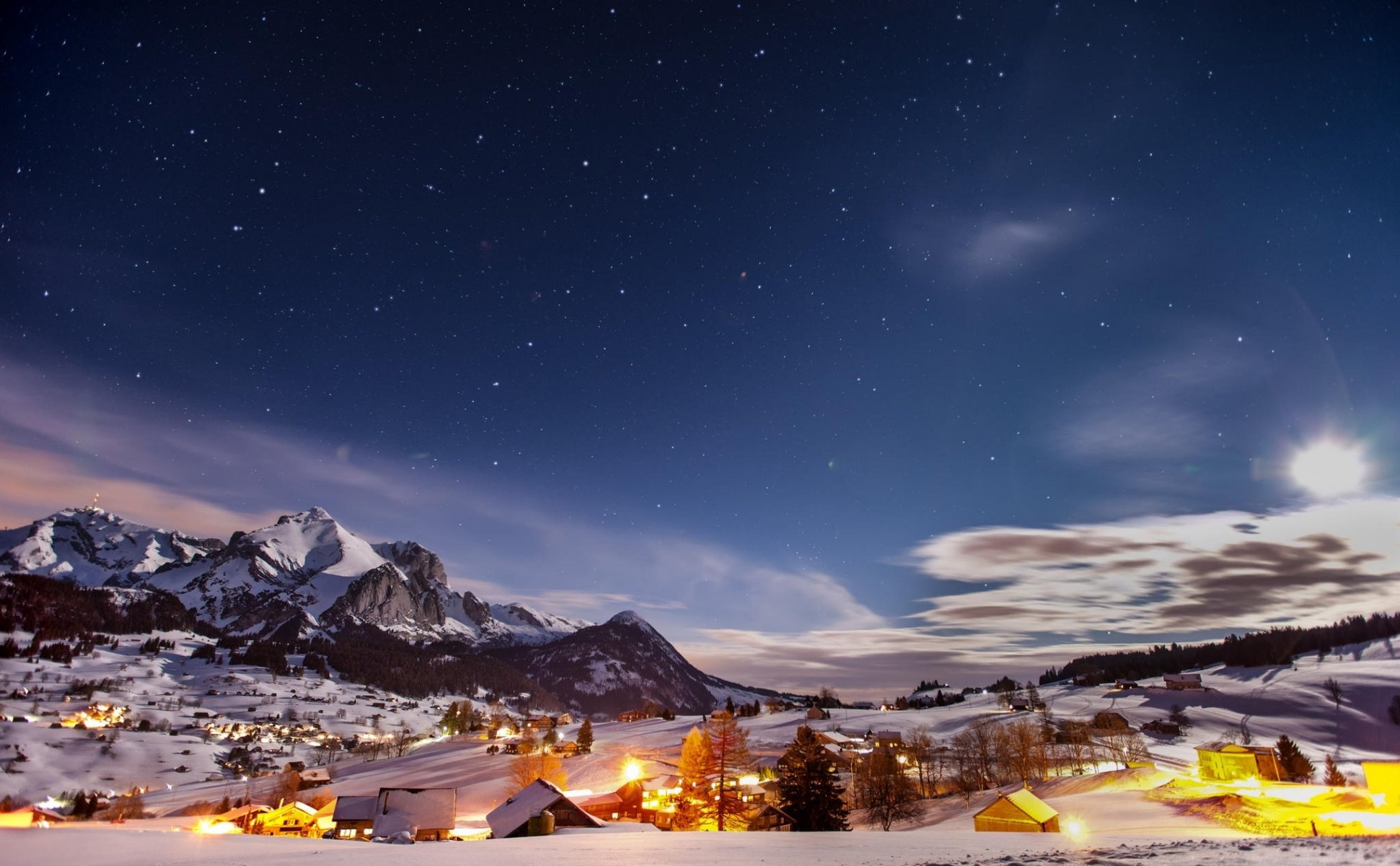 nuit montagnes hiver neige ville lumières