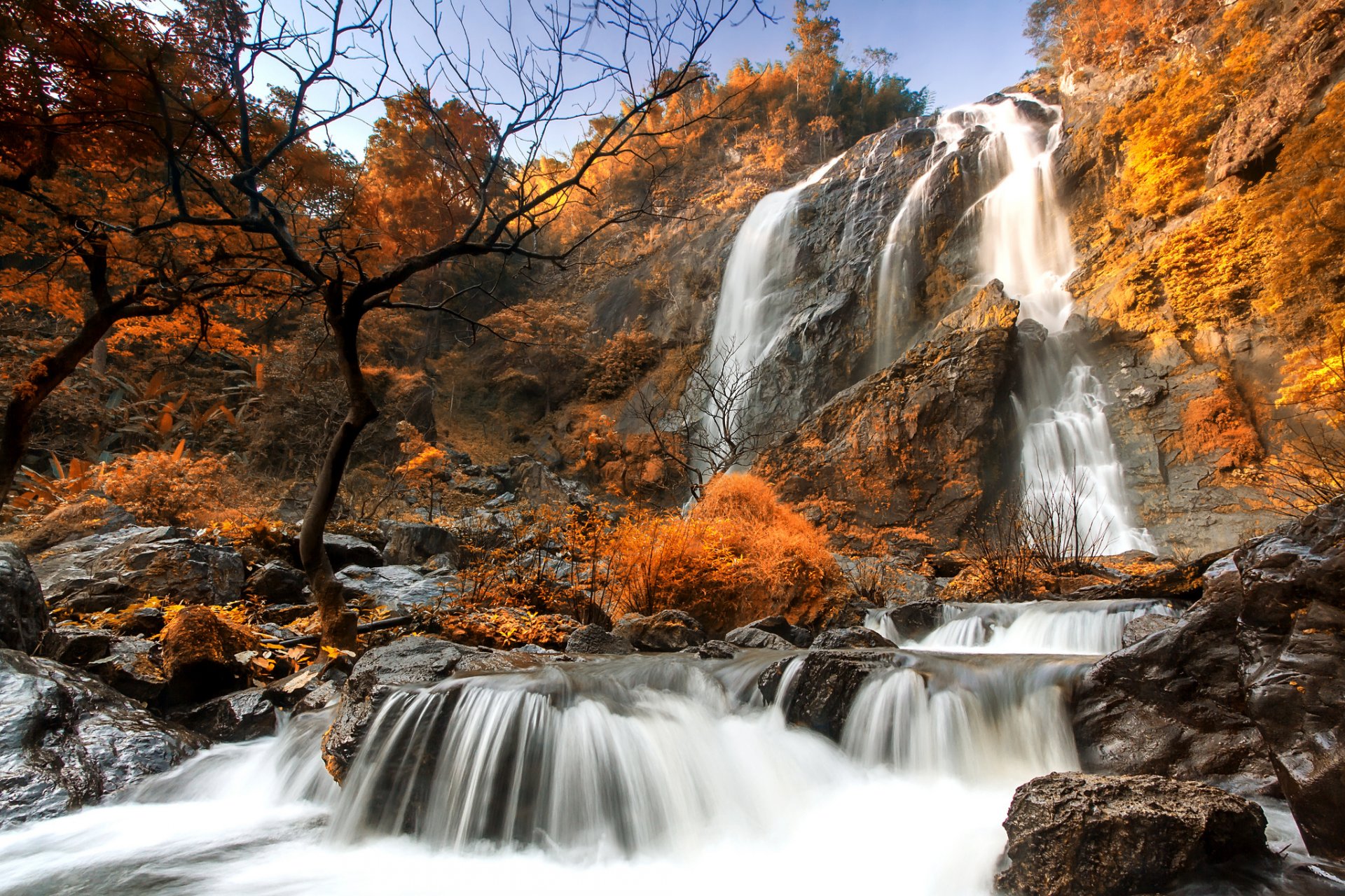 otoño bosque rocas cascada corriente