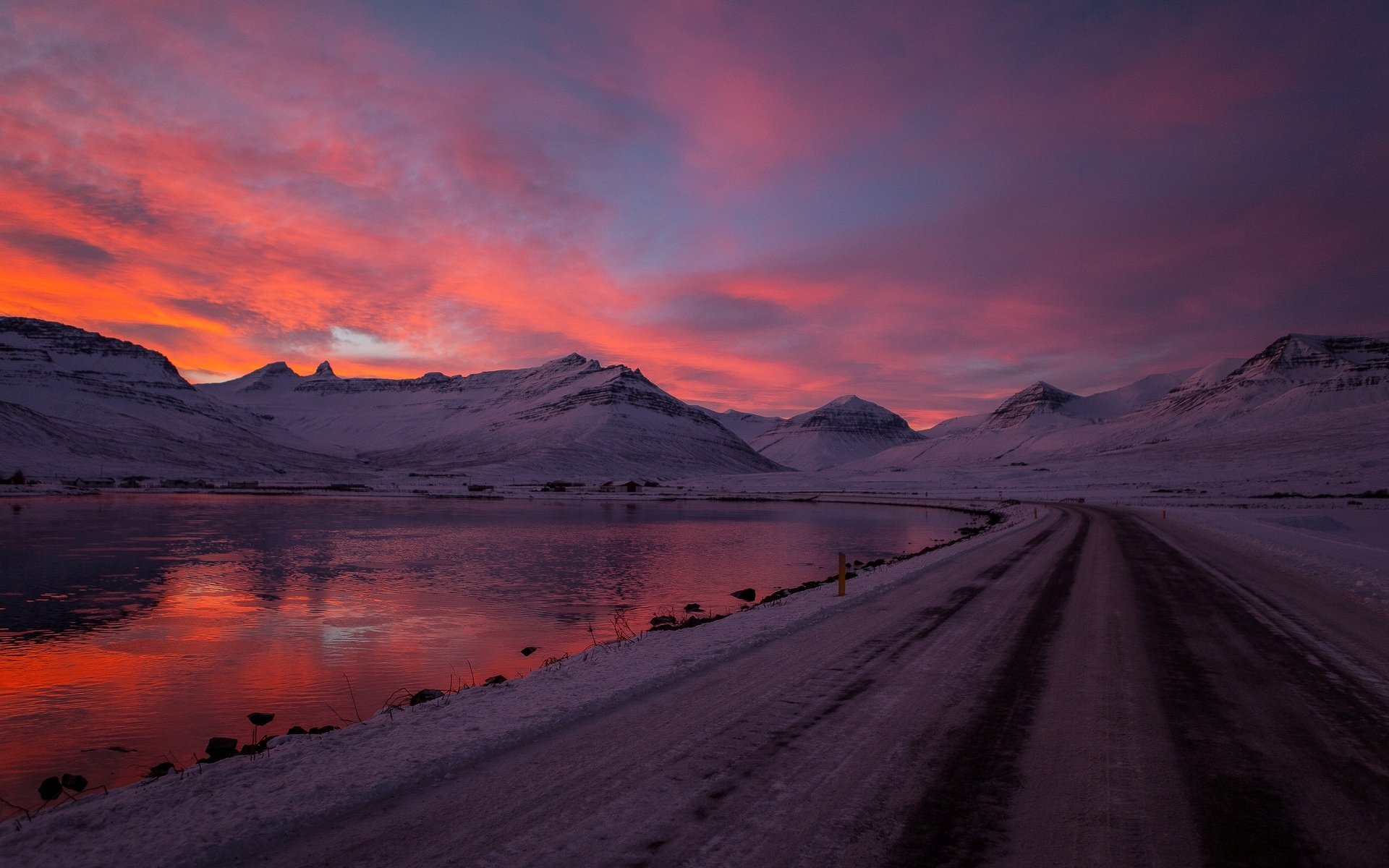 natura sera tramonto strada neve inverno acqua riflessione fiume lago montagna cielo rosso nuvole sfondo carta da parati widescreen schermo intero widescreen widescreen