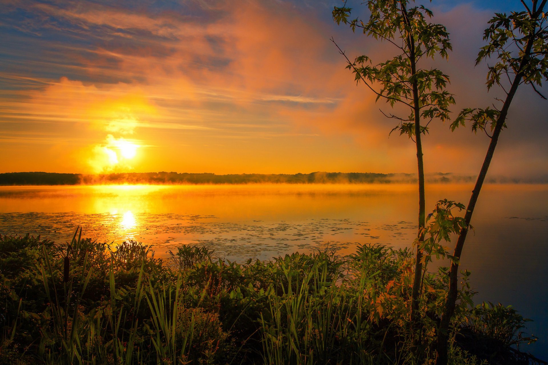 ummer lake morning fog sun sunrise